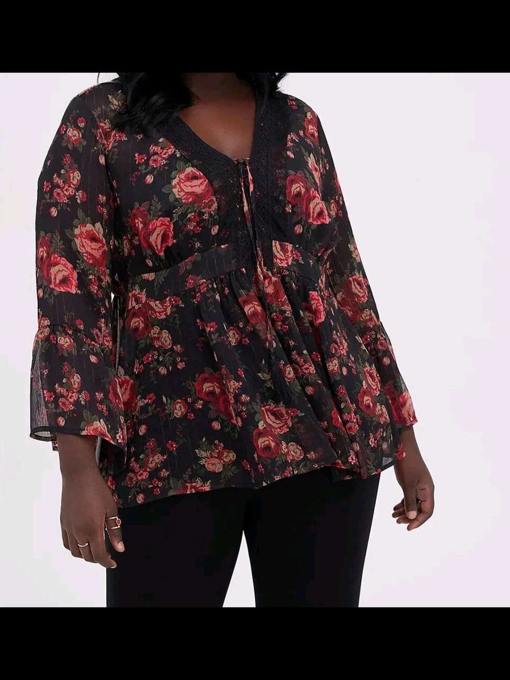 Torrid Size 2 Floral Peasant Blouse - Black with Red Rose Print